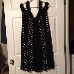 Polka dot and black panel dress cold shoulder
